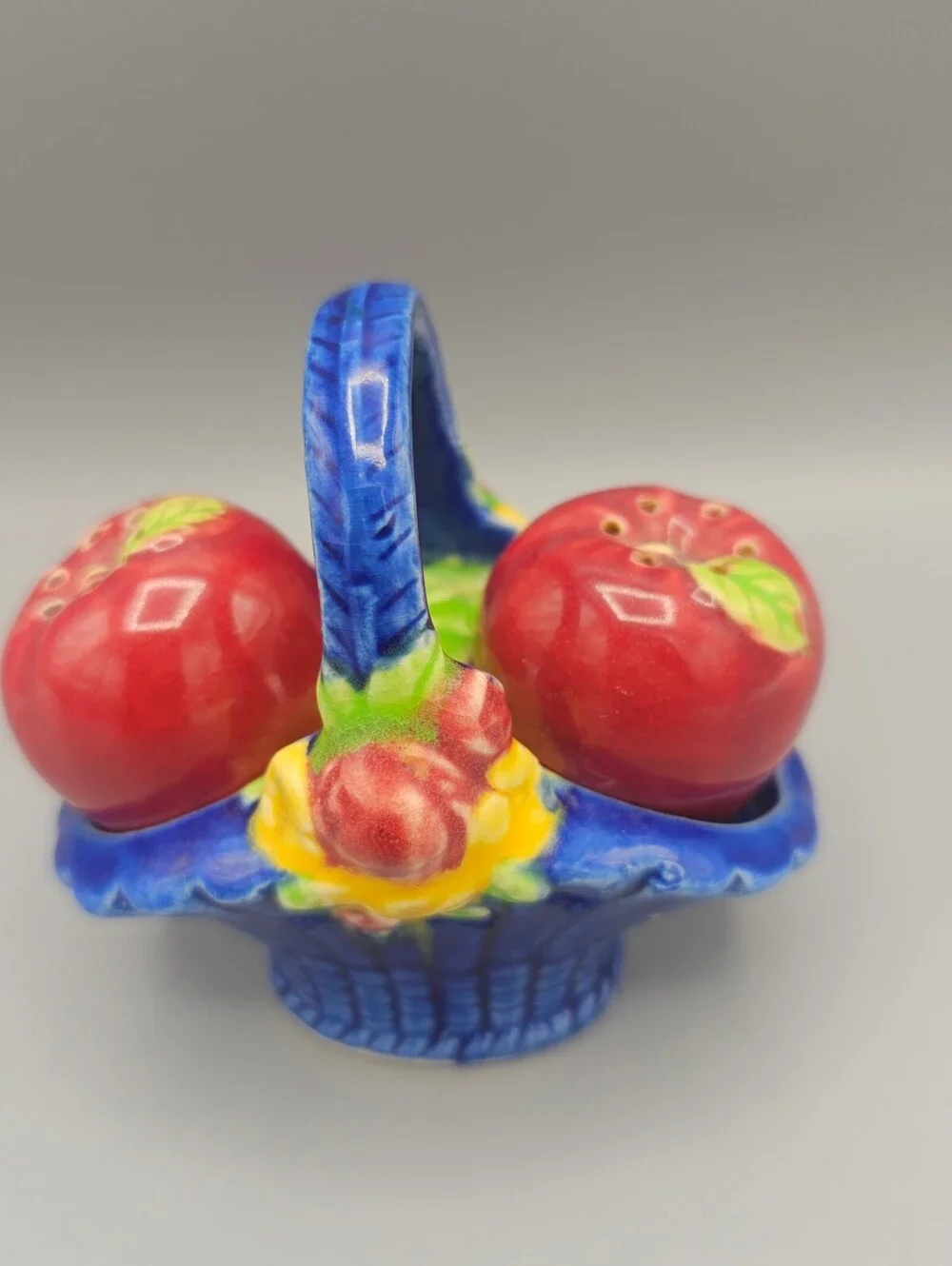Vintage Ceramic Apple Salt and Pepper Shakers with Blue Basket Holder