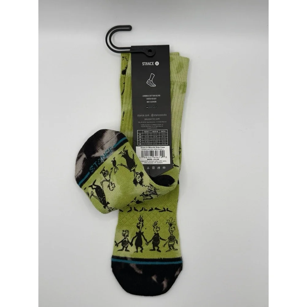 Stance Down In Whoville Grinch Christmas Kids Crew Socks Green Large K556D24DOW