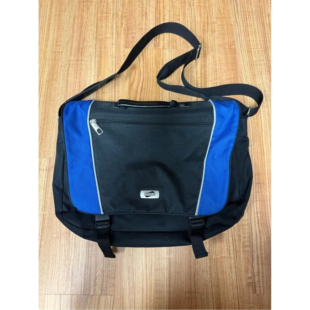 American Tourister Black & Blue Messenger Laptop Bag Travel Work Shoulder Bag
