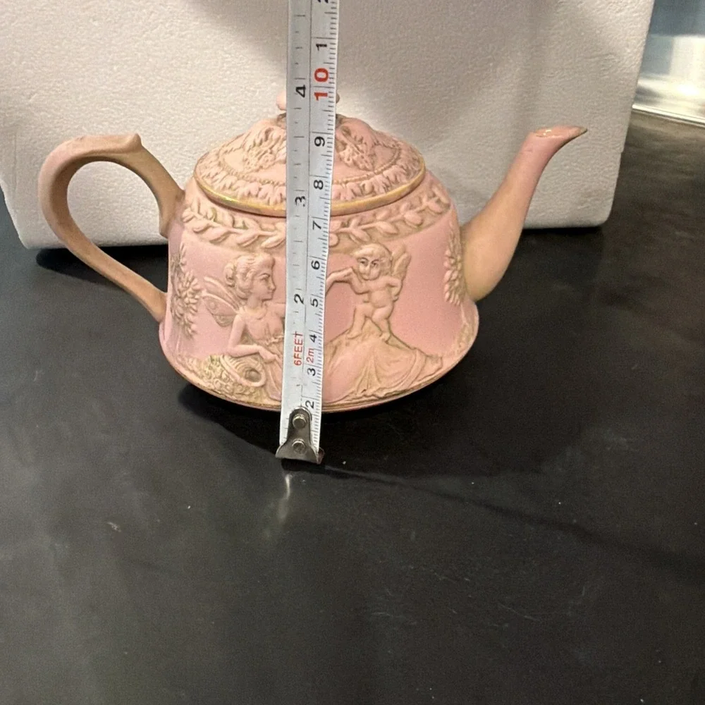 Antique Schafer‎ & Vater Pink German Jasperware Teapot Cherubs Fairies Porcelain