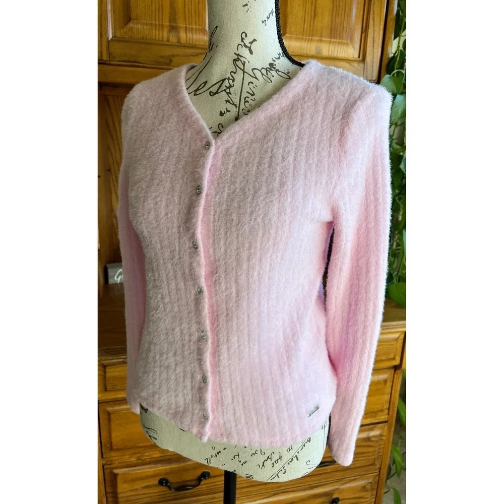 Justice Girls Rose Pink Fuzzy Eyelash Knit Cardigan Sweater Rhinestone Buttons L