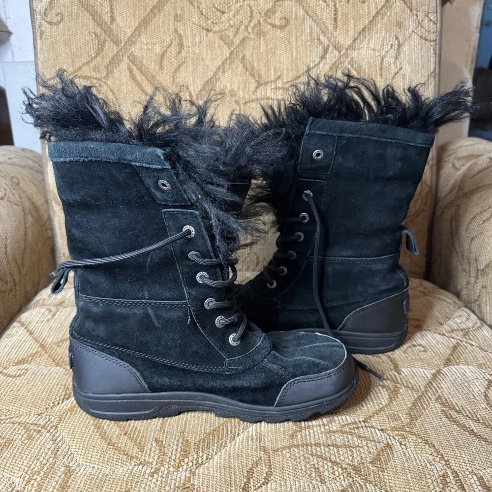 KIDS GIRLS 6 BLACK UGG BUTTE II FLUFF MONGOLIAN SHEEPSKIN‎ BOOTS