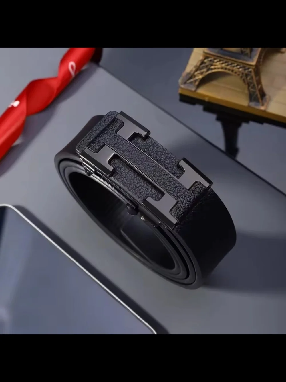 Men's Black Leather Belt with Matte Black H-Style Buckle