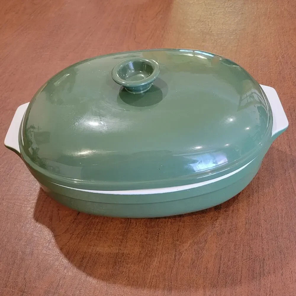 Vintage Emile Henry France Green Ceramic Oval Covered Casserole Baker DutchOven