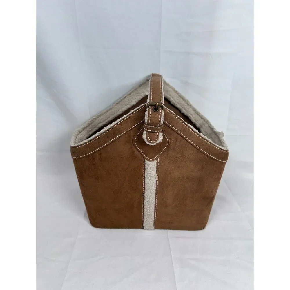 Bath & Body Works Brown Lined Tote Bucket Basket Faux Suede Sherpa Organizer