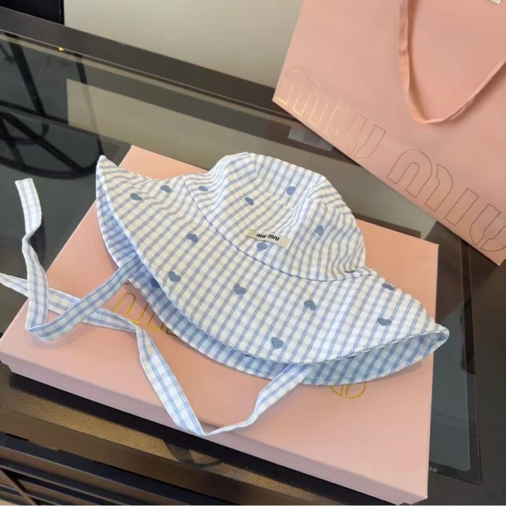 Miu Miu Girls Light Blue Checkered Bucket Hat with Heart Motif