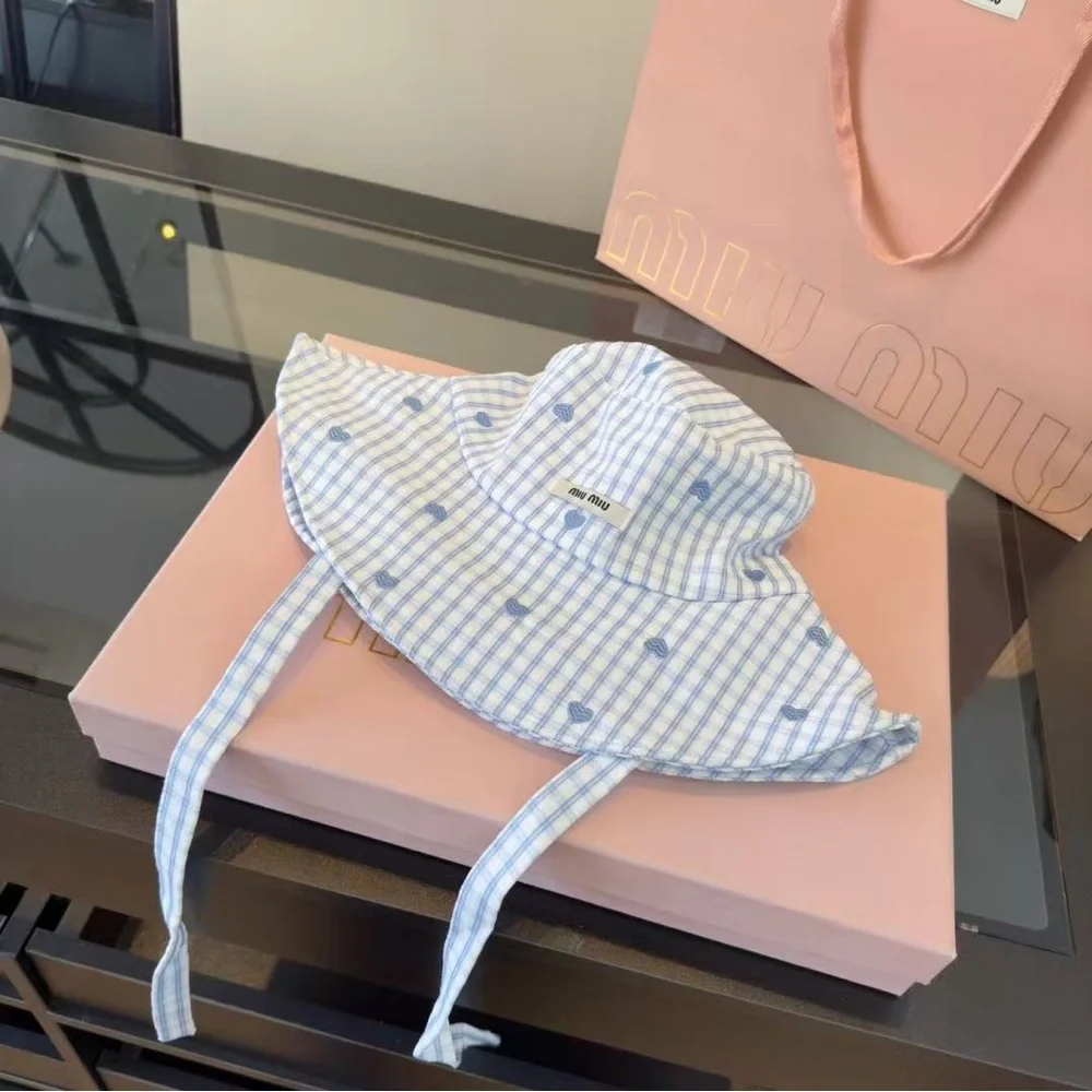 Miu Miu Girls Light Blue Checkered Bucket Hat with Heart Motif