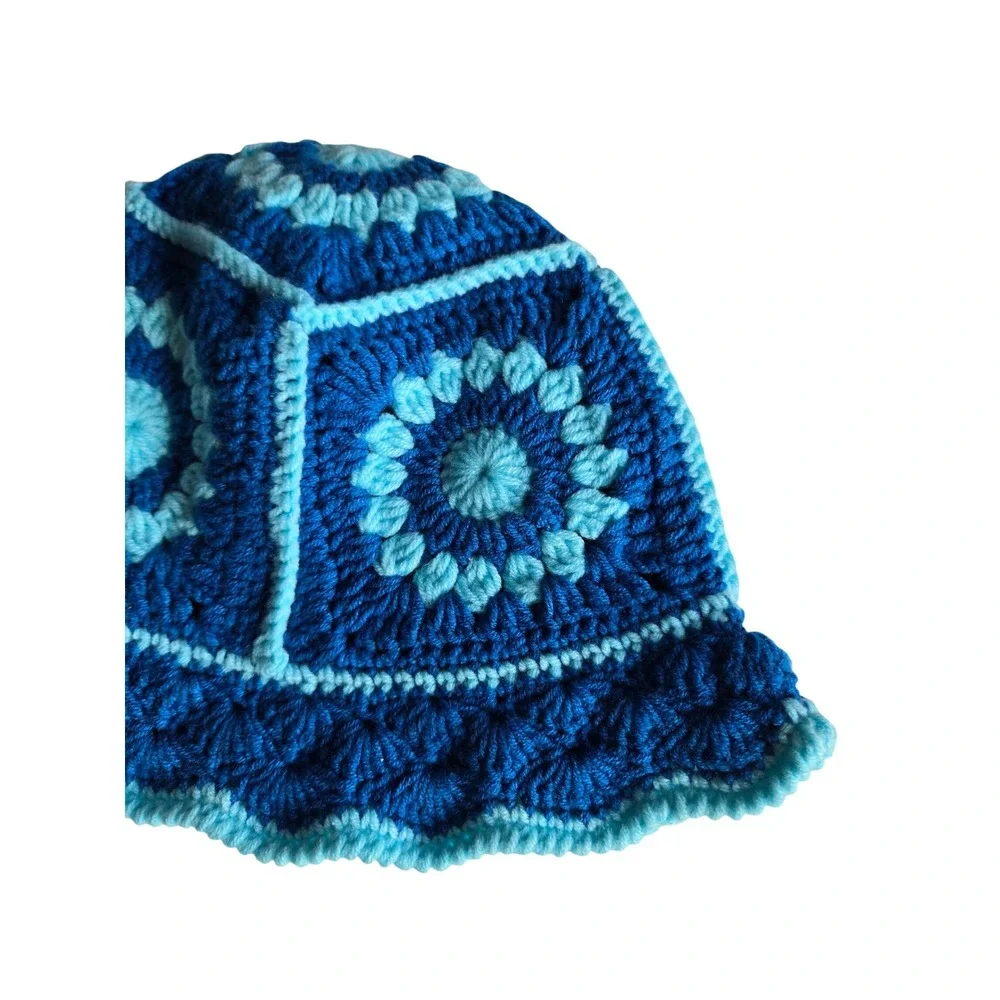 Handmade Blue Crochet Granny Square Bucket Hat Floral Sunburst Ruffle Brim