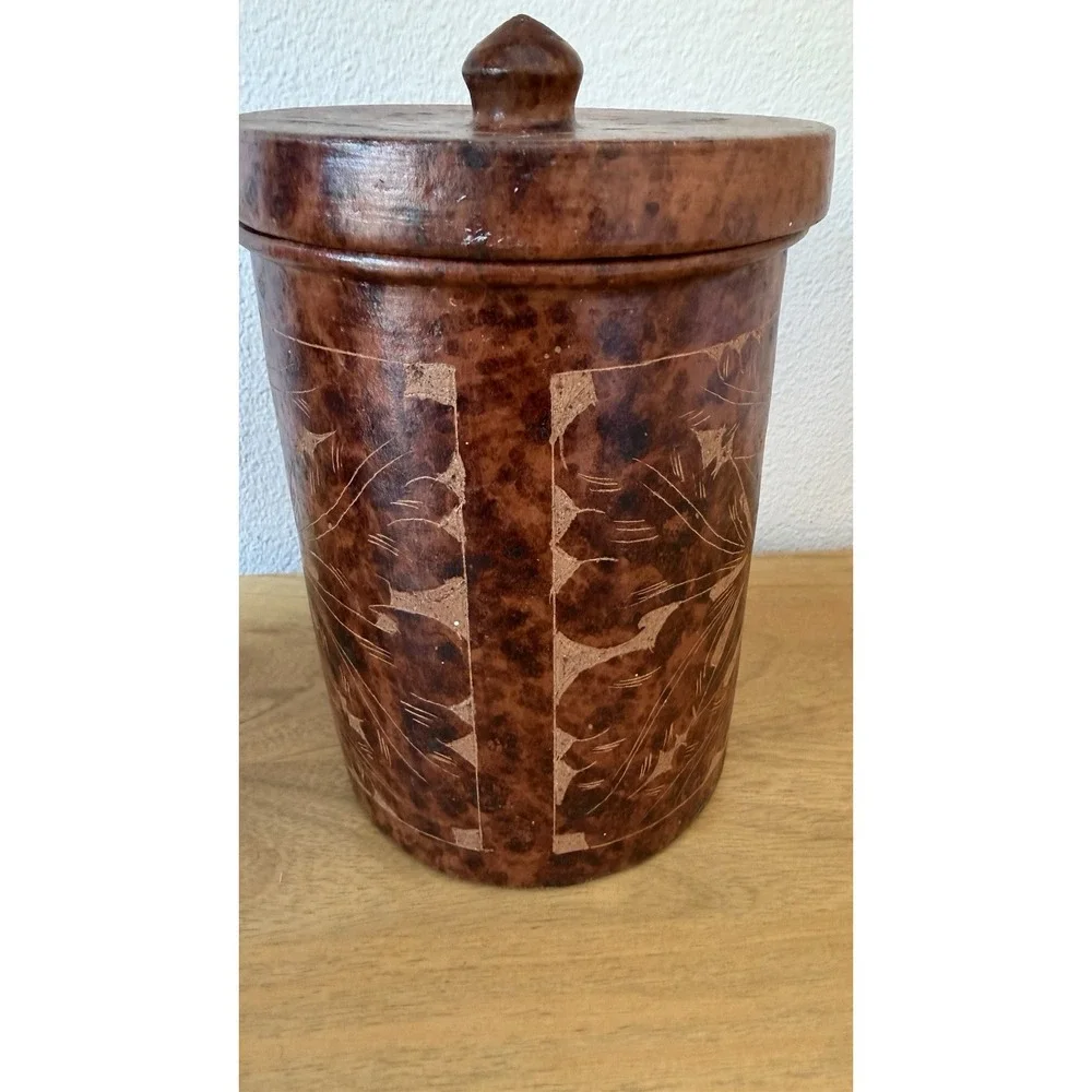 Pier 1 Handmade Sasak Carved Ceramic Canister Lid Rustic Brown Indonesia 8in