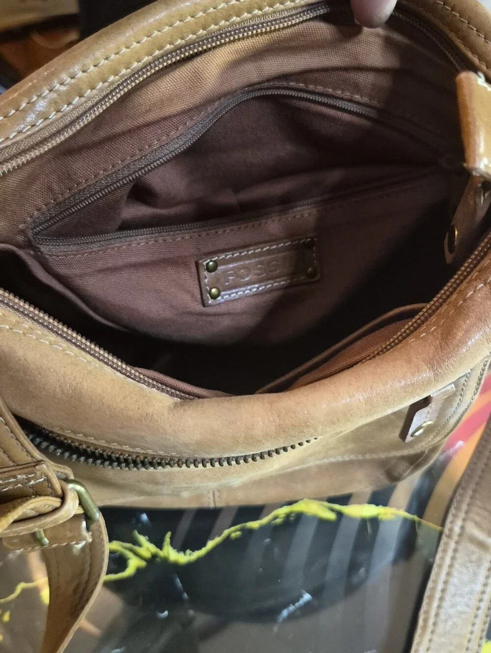 Fossil Tan Leather Messenger Crossbody Bag