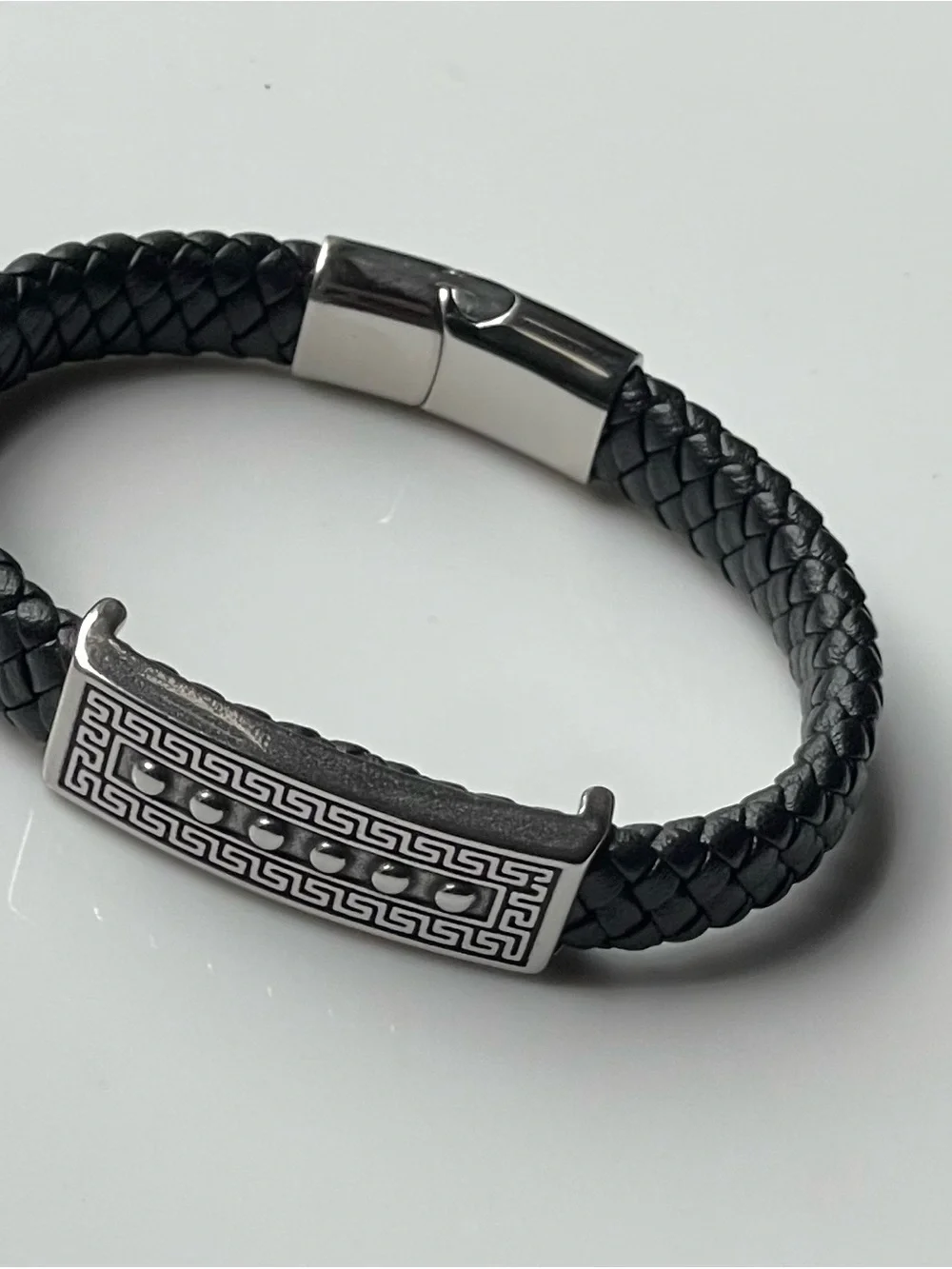 Men's Black Braided Leather Bracelet with Stainless Accent