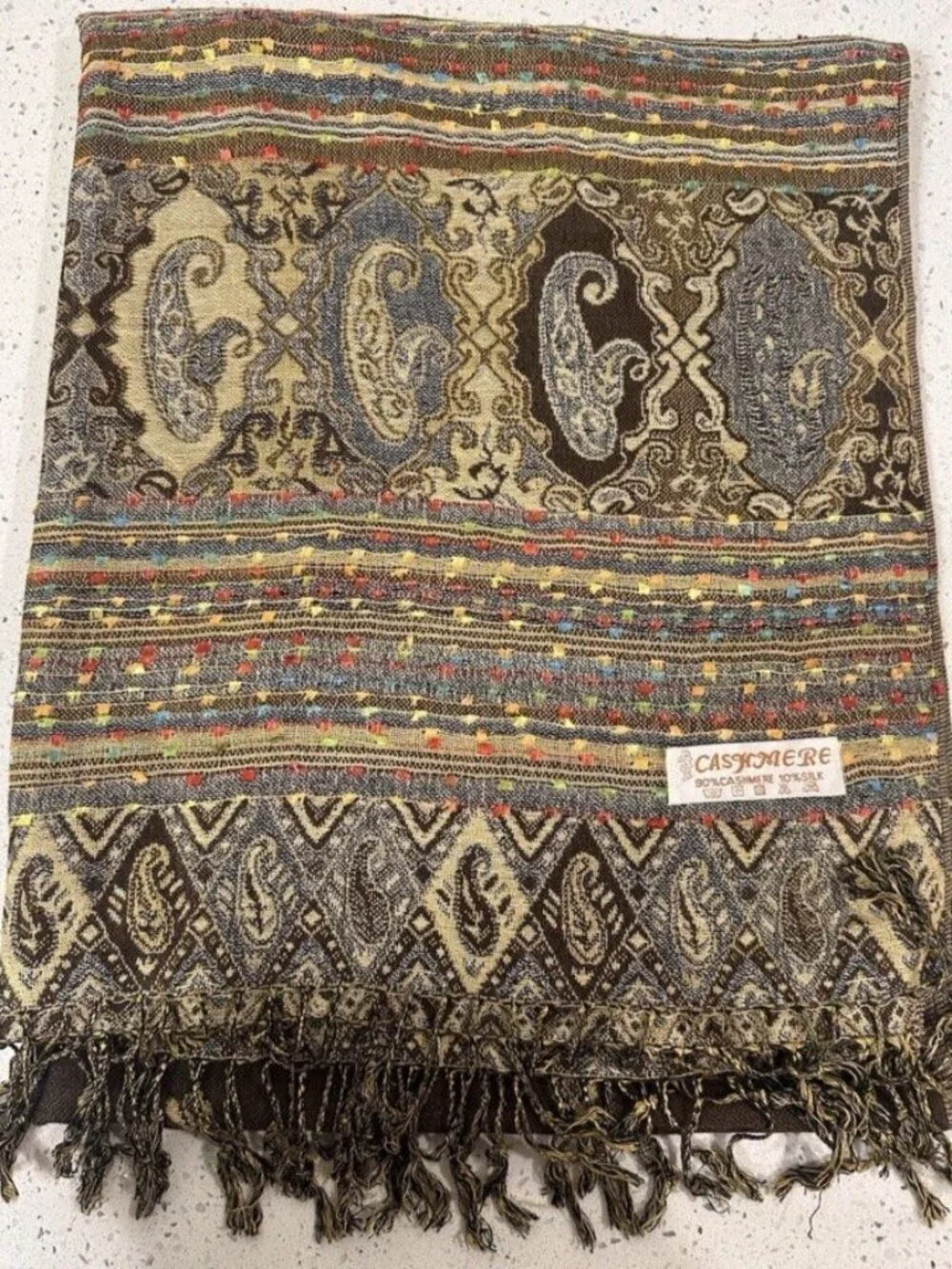 Cashmere Silk Paisley Pashmina Scarf Multicolor Fringe Woven 74