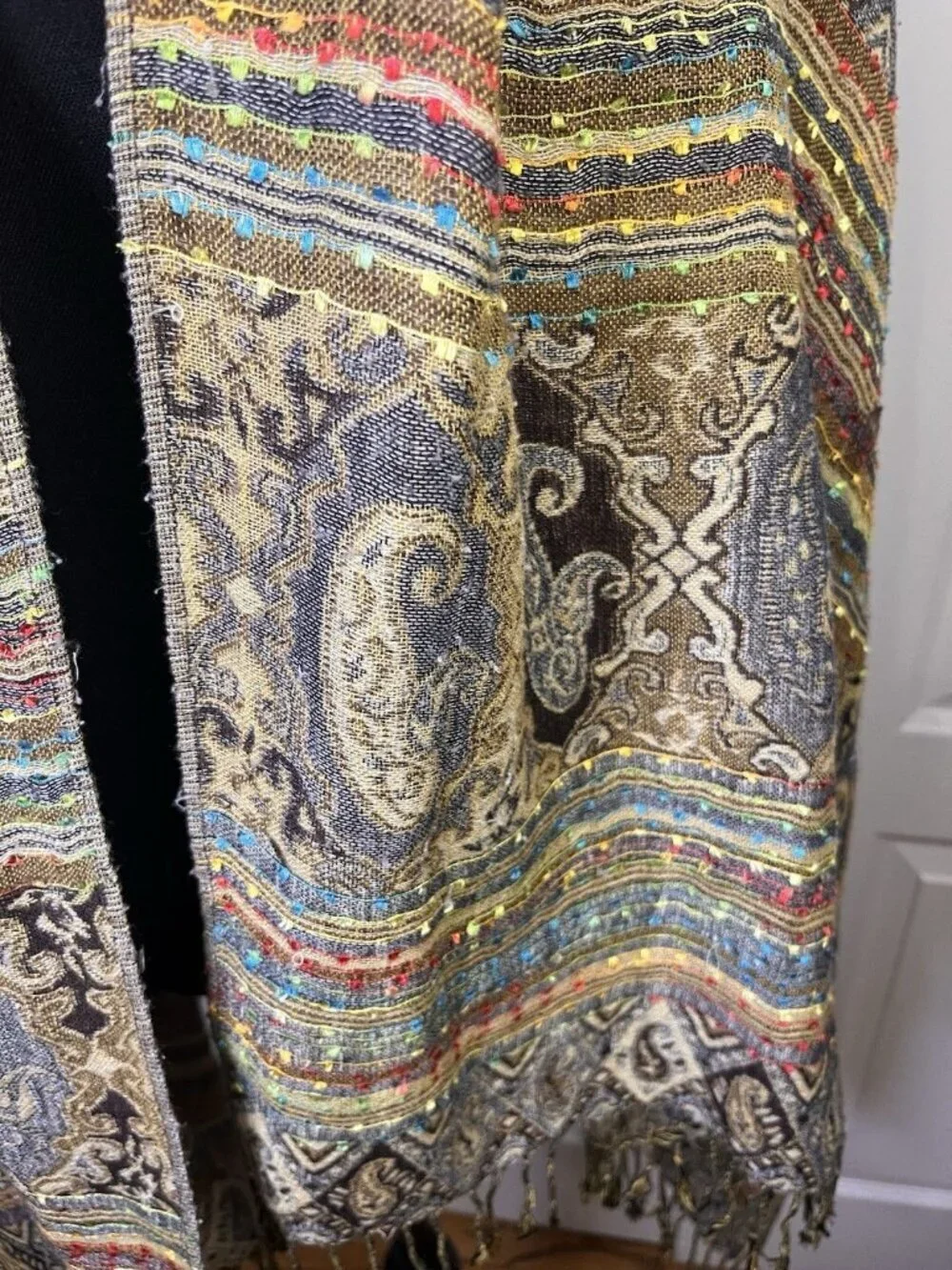 Cashmere Silk Paisley Pashmina Scarf Multicolor Fringe Woven 74
