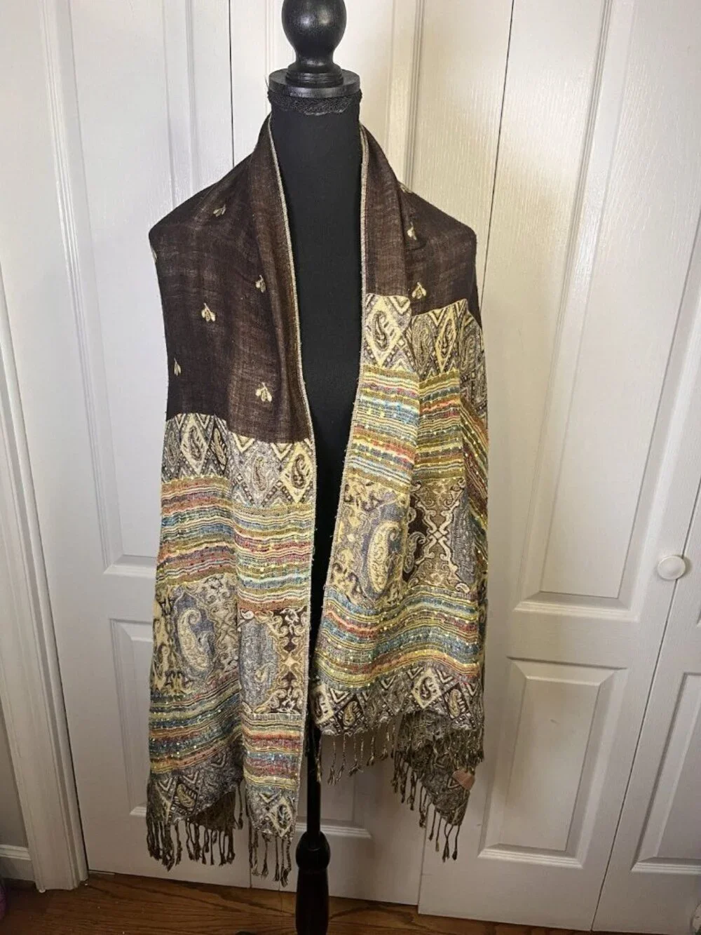 Cashmere Silk Paisley Pashmina Scarf Multicolor Fringe Woven 74