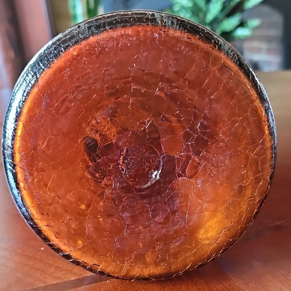 VTG MCM Pilgrim Glass Amber Crackle Glass Handled Pitcher Vase 12