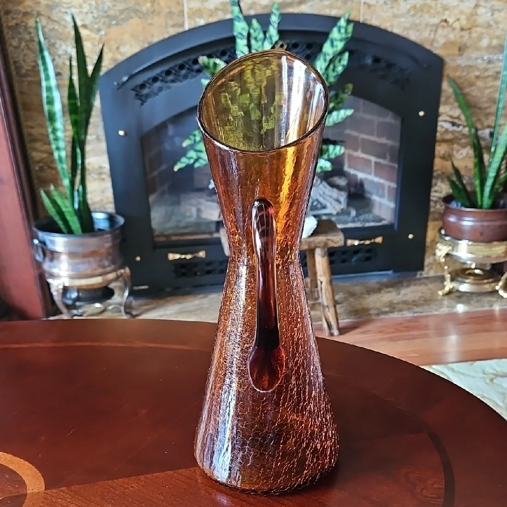 VTG MCM Pilgrim Glass Amber Crackle Glass Handled Pitcher Vase 12