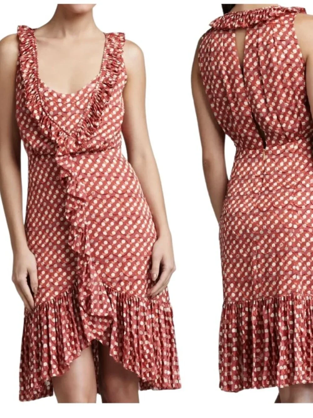 Tory Burch orange polka dot silk blend ruffle mini resort wear sleeveless