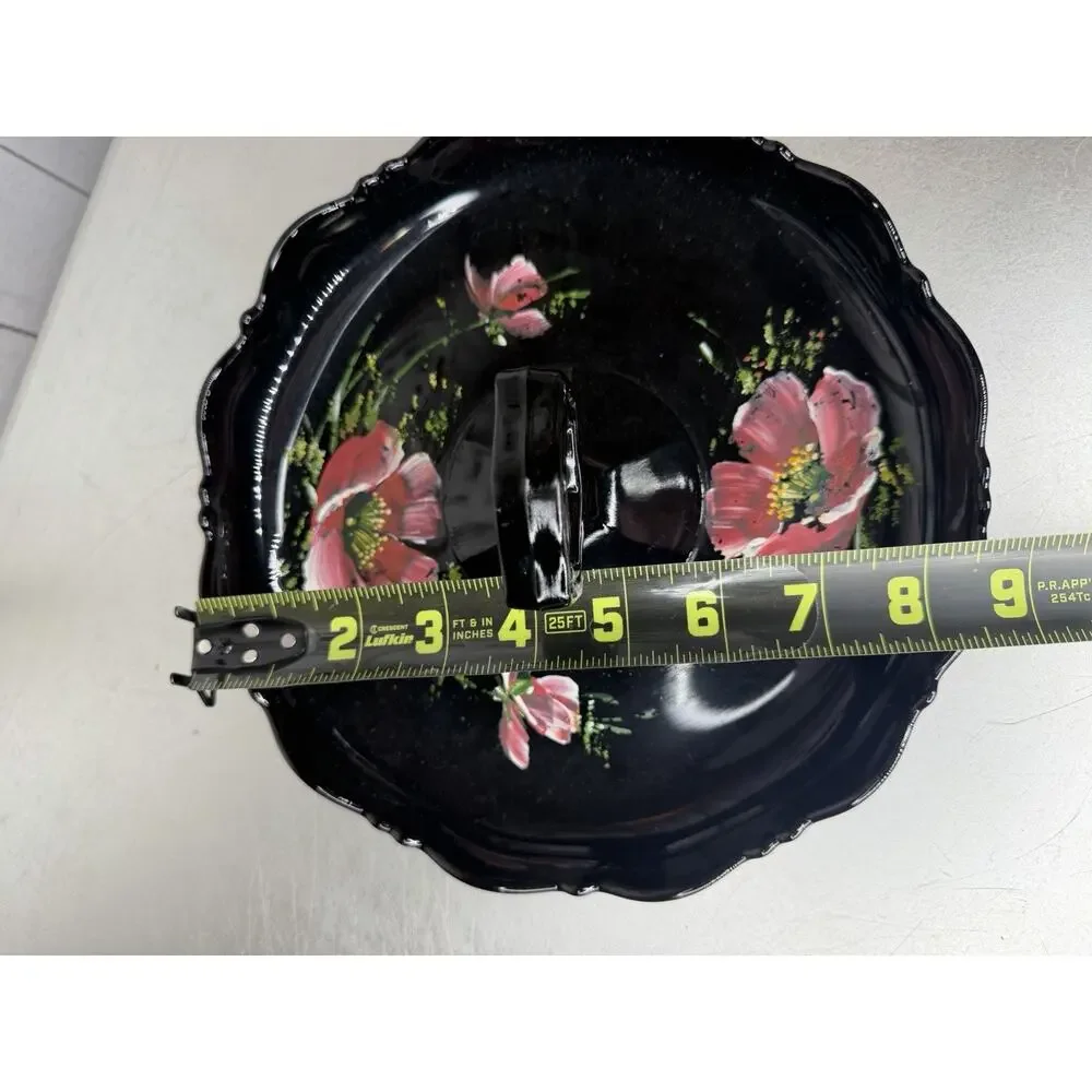 Vintage Black Amethyst Glass Jewelry Holder Candy Dish Hand Painted Floral