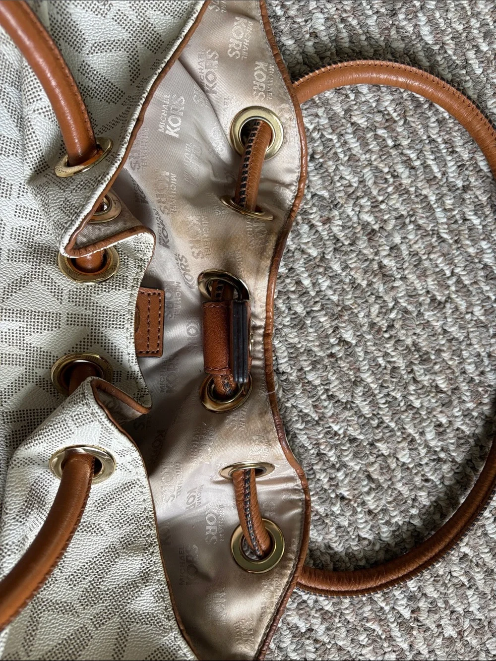 Michael Kors Cream MK Logo Ring Tote with Brown Leather Handles