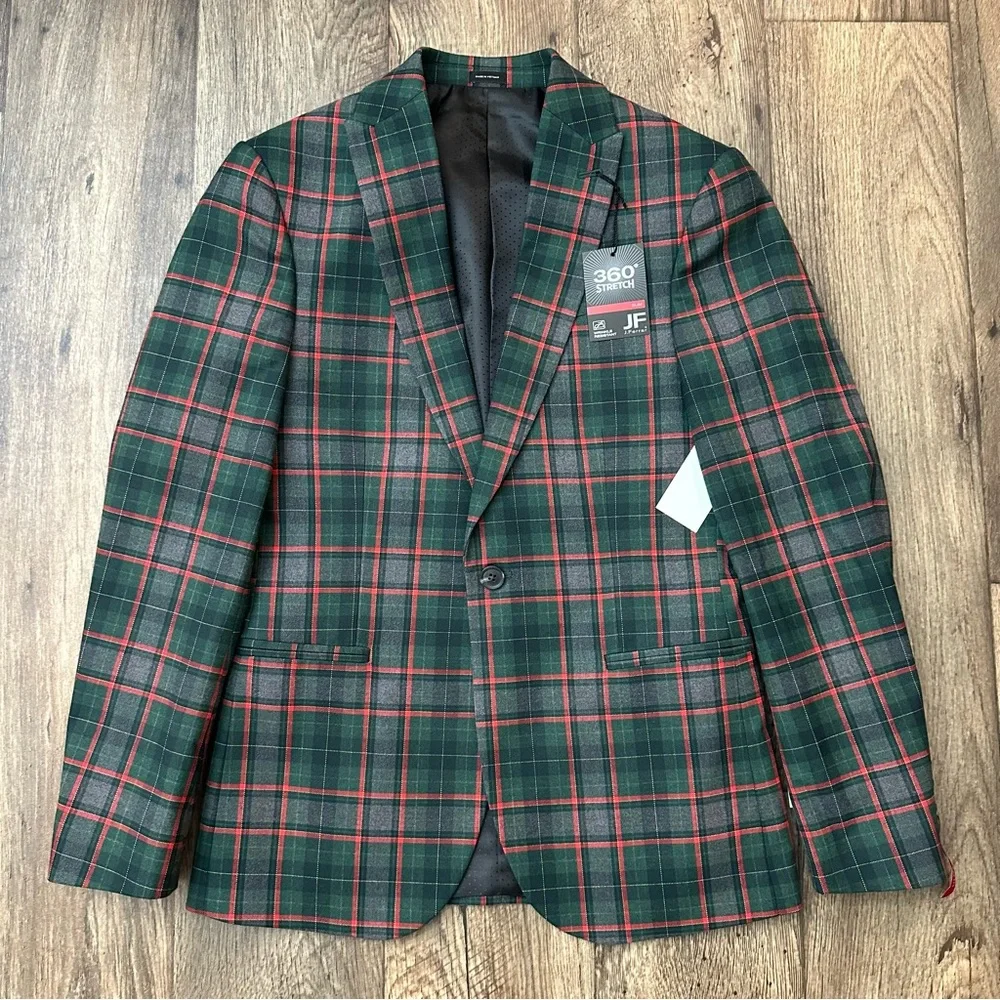 JF J Ferrar Sports Coat Slim Suit Jacket Mens S 34/36 Short Plaid Red Green