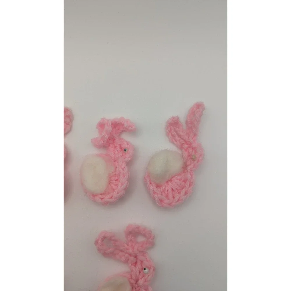 6 Vintage Handmade Crochet Pink‎ Bunny Rabbits Pastel Easter Spring Crafting