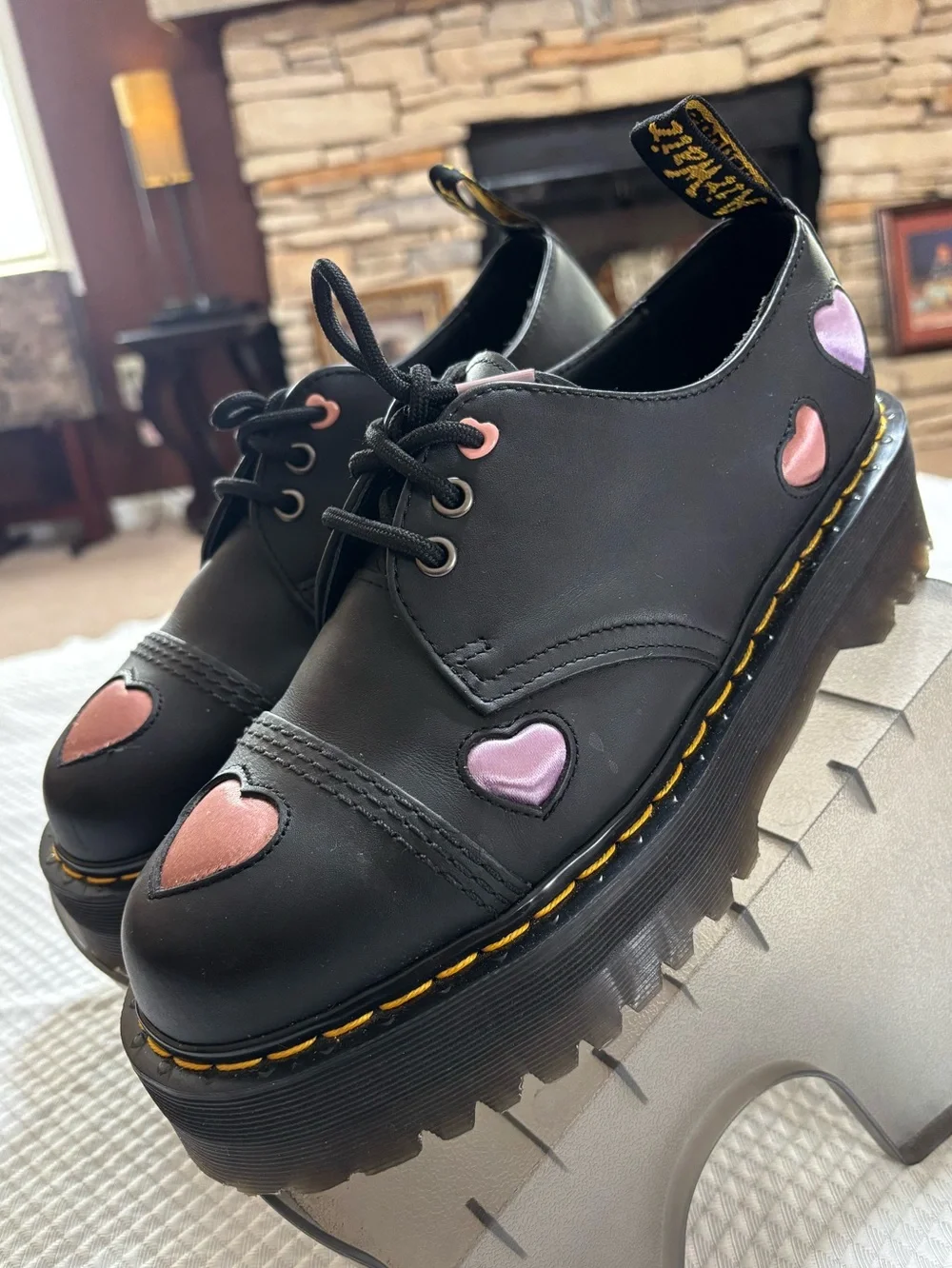 Dr. Martens Black Platform Shoes with Pink and Lilac Heart Accents