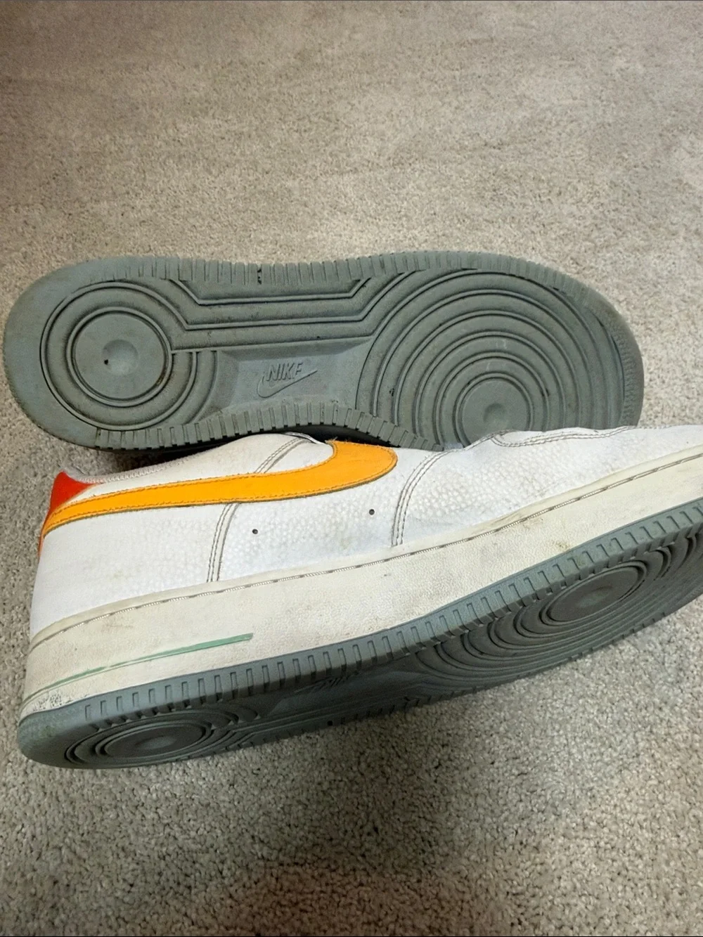 Nike Men’s Air Force One low top White with Yellow Swoosh and Light Blue Laces