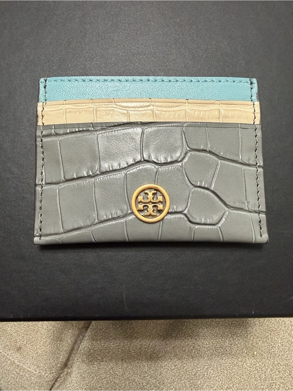 Tory Burch Gray Embossed Croc Card Case with Blue and Sand Slots