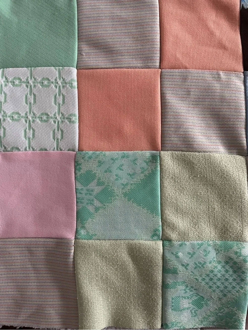 Vintage 1970s Patchwork Quilt Top - Retro Poly Knit Scraps (74