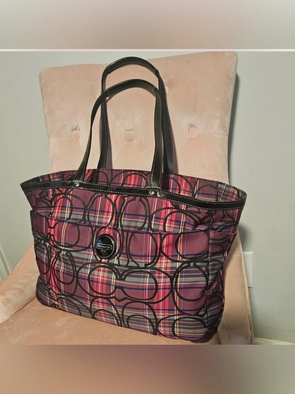 Coach Plaid Signature Tote in Burgundy and Black