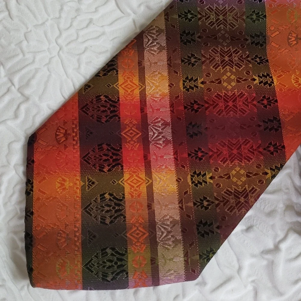 Wembley warm orange strip & print design tie, green blue gold, casual, Y2K