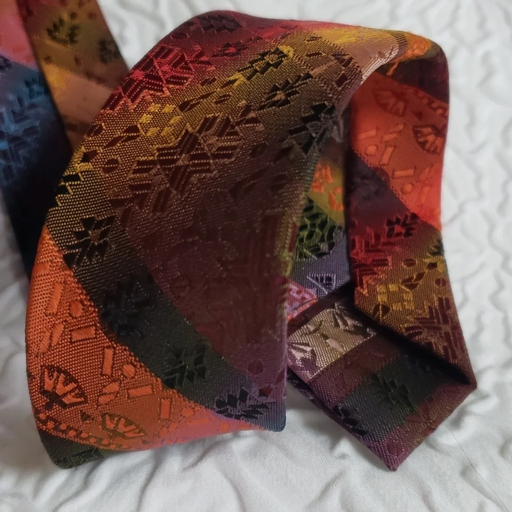 Wembley warm orange strip & print design tie, green blue gold, casual, Y2K