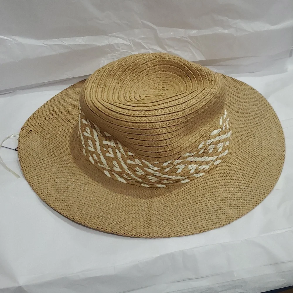 Joe's‎ jean tan cream color block braided detail straw panama style hat new