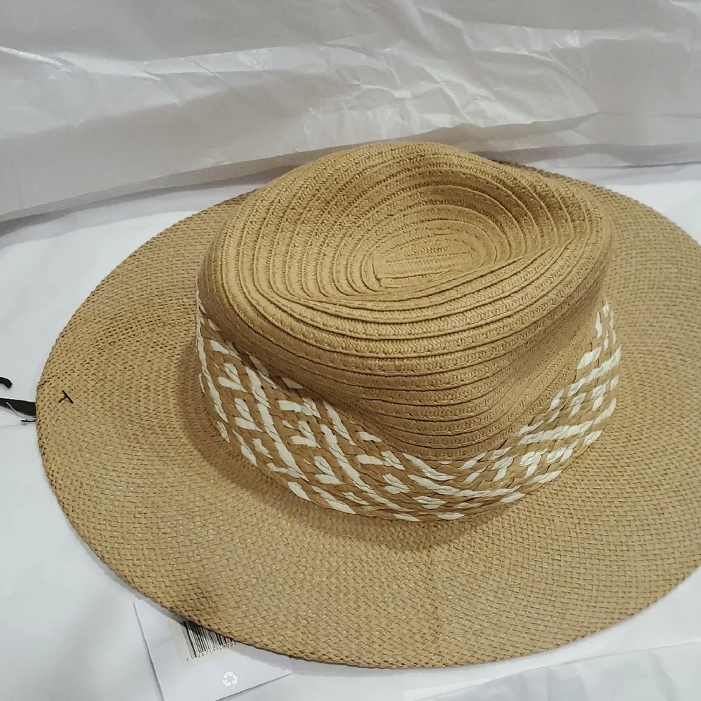 Joe's‎ jean tan cream color block braided detail straw panama style hat new