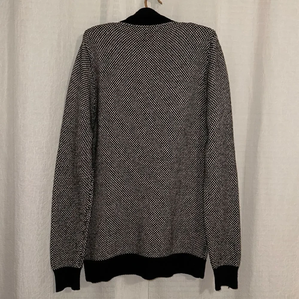 H&M L Black White Checkered Knit Wool Blend Shawl Button Front Cardigan Sweater
