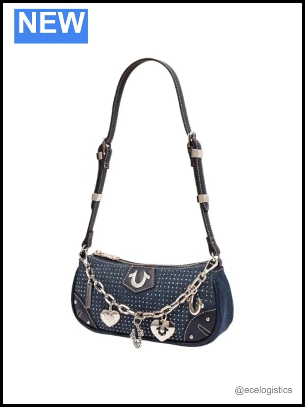 Rhinestone Studded Denim Shoulder Bag with Gold Hardware