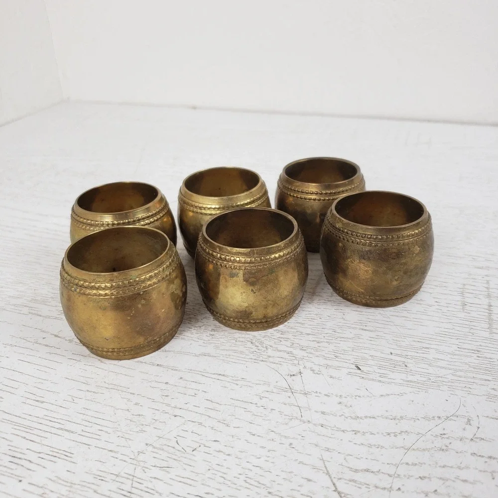 Vintage Brass Napkin Rings Set of‎ 6 Barrel Shape Gold Tone Table Decor