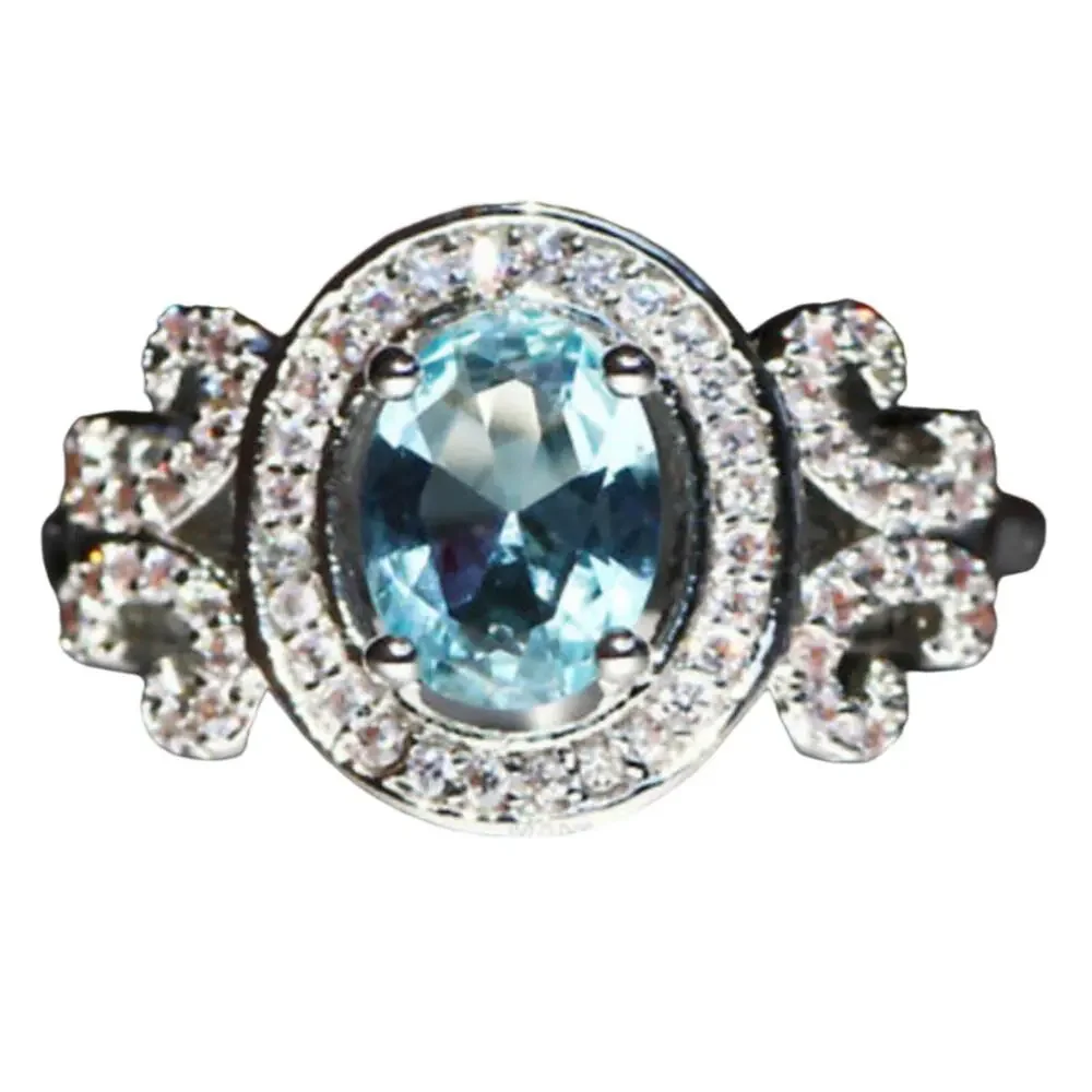 Stunning Cocktail Ring 925 Sz 8 Simulated Blue Aquamarine Diamonds Luxe Costume