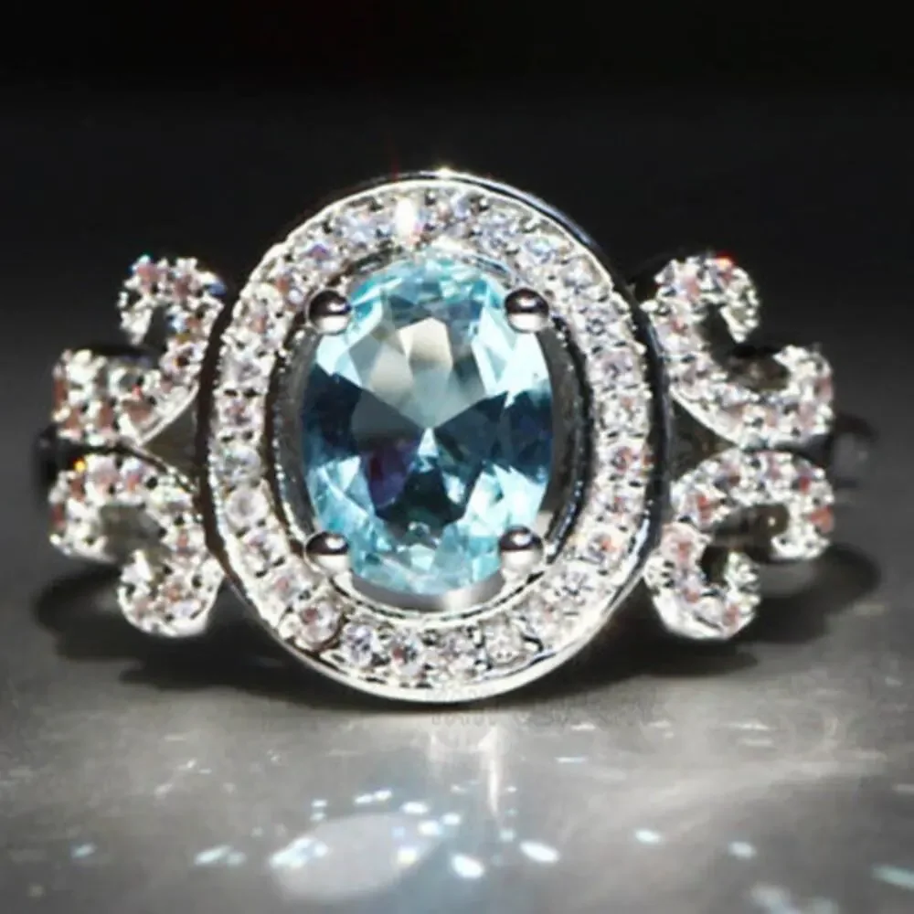 Stunning Cocktail Ring 925 Sz 8 Simulated Blue Aquamarine Diamonds Luxe Costume