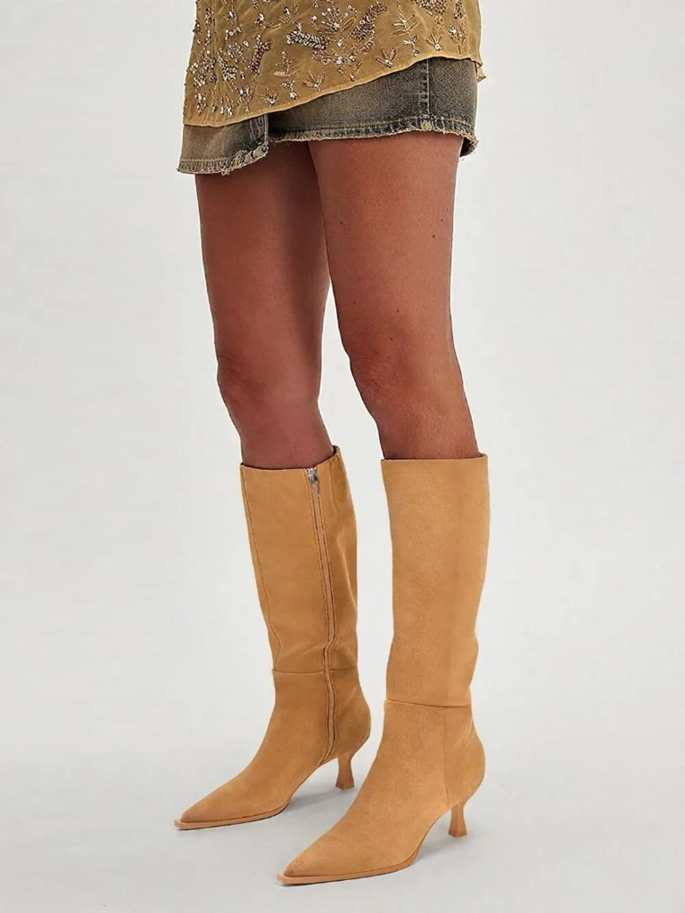 Women's Khaki Knee High Boots Kitten Low Heel Pointed Toe Tall Boots Side Zip