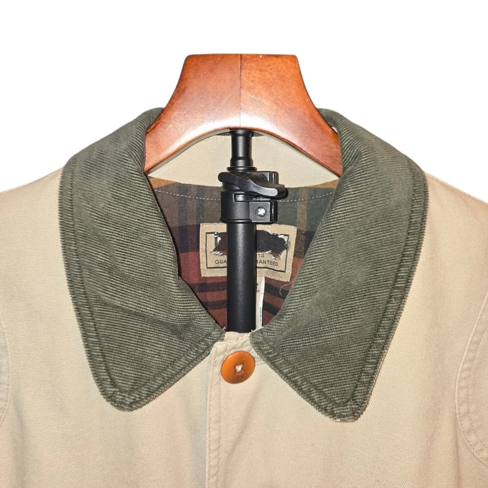 LL Bean Original Field Coat Mens L VTG Y2K Tan Plaid Flannel Lined Canvas 0JV69