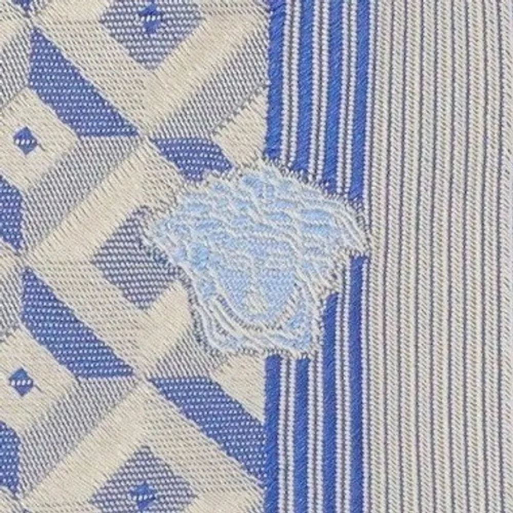 Vintage VERSACE 1990s Silk Tie Blue Stripe Split‎ Panel Medusa Head Logo