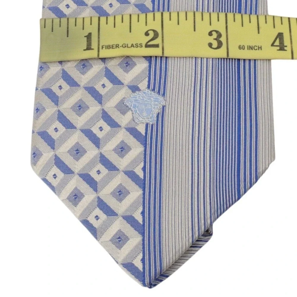 Vintage VERSACE 1990s Silk Tie Blue Stripe Split‎ Panel Medusa Head Logo