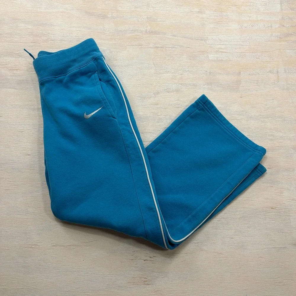 Nike Sweatpants Fleece Wide Leg Side Stripe Blue Youth Girls Size L 14/16