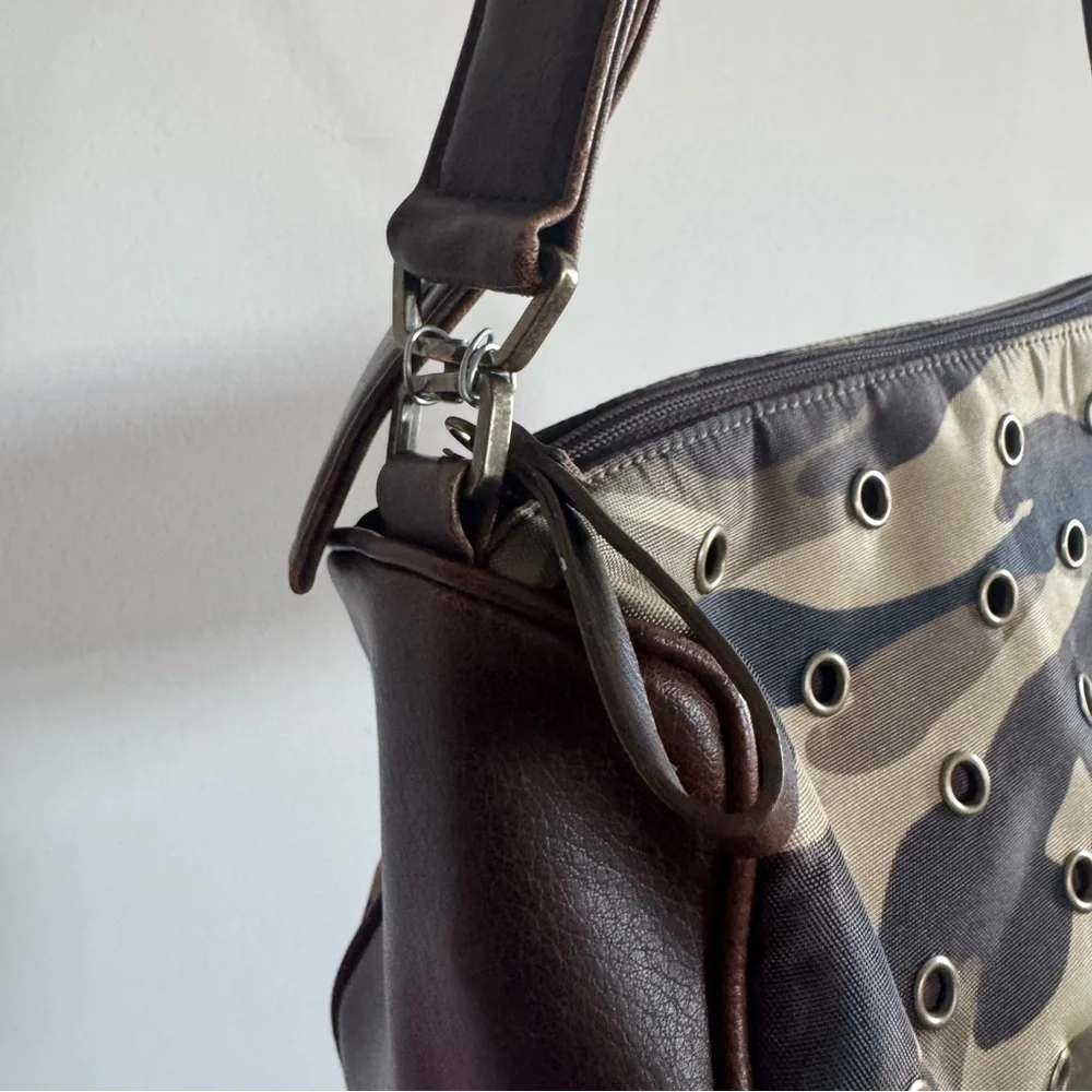 NINE WEST Camo Print Studded Shoulder Bag With Brown Belted Strap