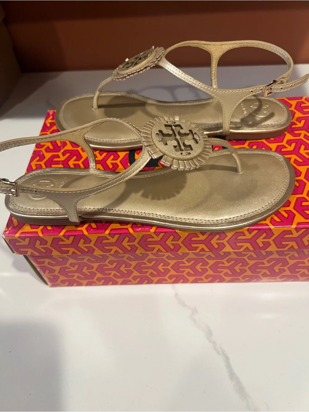 Tory Burch Gold Leather Logo T-Strap Sandals