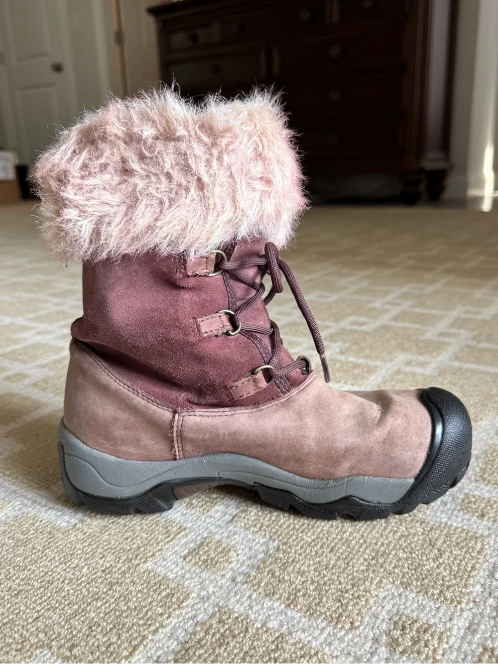 KEEN Helena Waterproof Leather Faux Fur Winter Snow Boots Brown Burgundy Pink 7