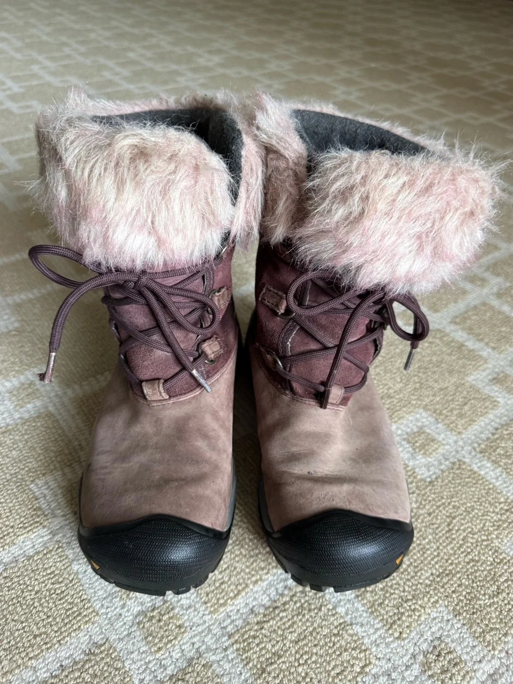 KEEN Helena Waterproof Leather Faux Fur Winter Snow Boots Brown Burgundy Pink 7