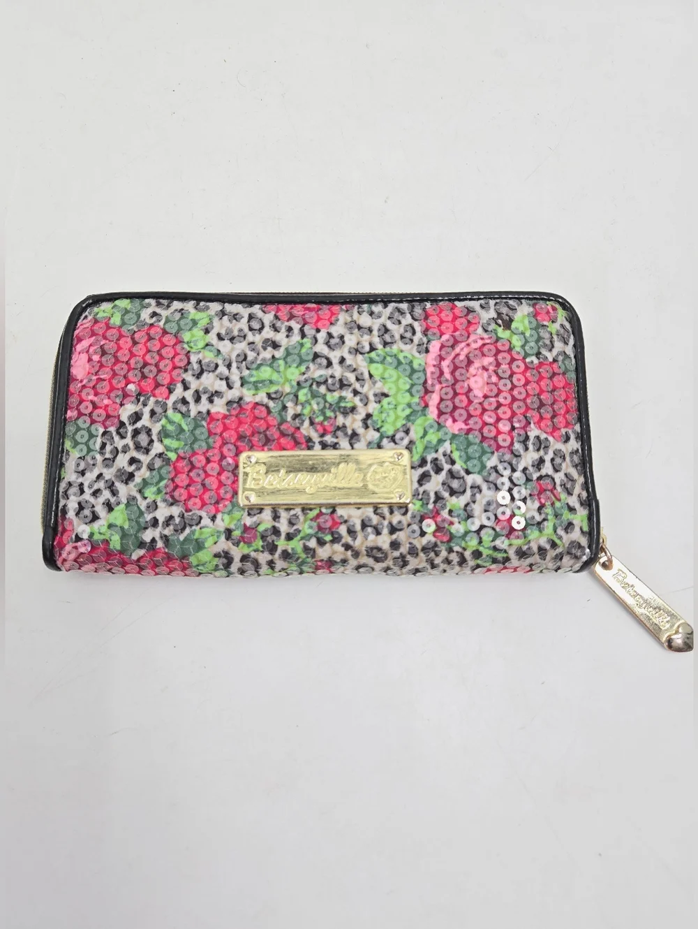 Betsey Johnson Wallet Sequin Floral Leopard Print Zip‎ Around