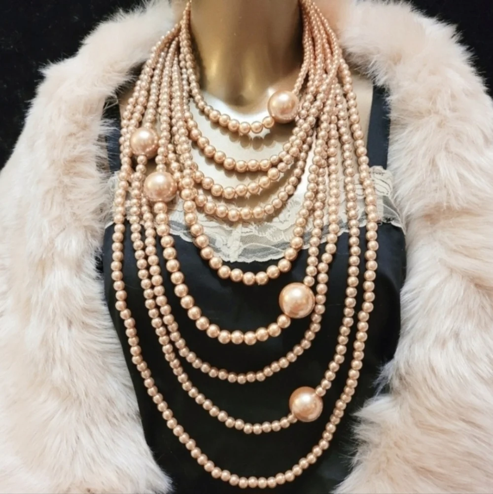 Vintage Champagne Pearl Multistrand Layered Statement Necklace